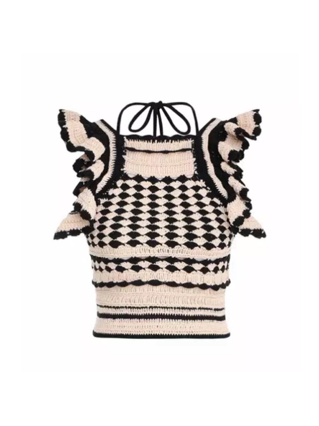 Zimmerman Hand-Knit Black & Cream Patterned Ruffle Tank Top